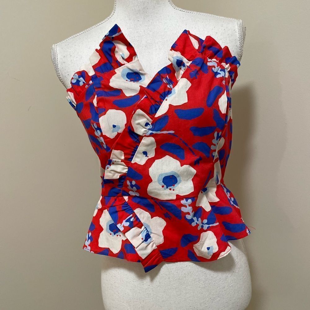 Anthropologie Red Floral Ruffle Strapless Camisole with Blue and White Blooms - Picture 6 of 9
